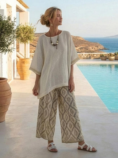 Women's Striped Wide Leg Pants Set Cotton Casual Beige