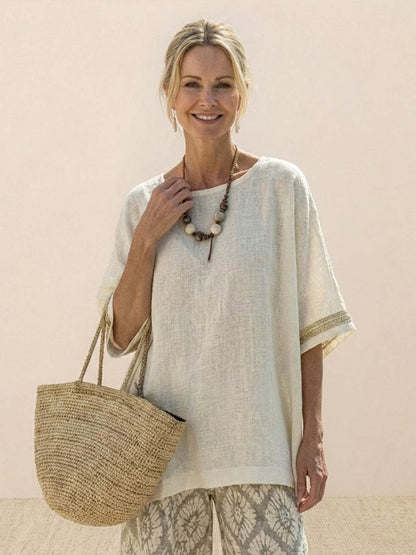 Women's Striped Wide Leg Pants Set Cotton Casual Beige