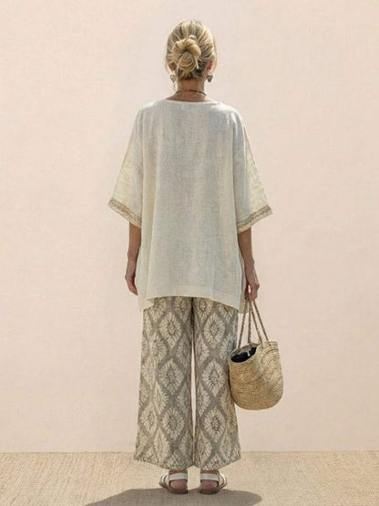 Women's Striped Wide Leg Pants Set Cotton Casual Beige