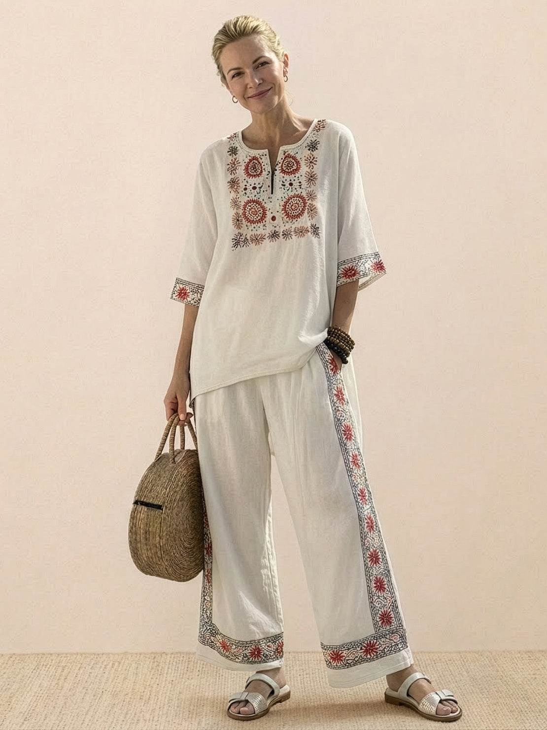 Women's Striped Wide Leg Pants Set Cotton Casual Beige