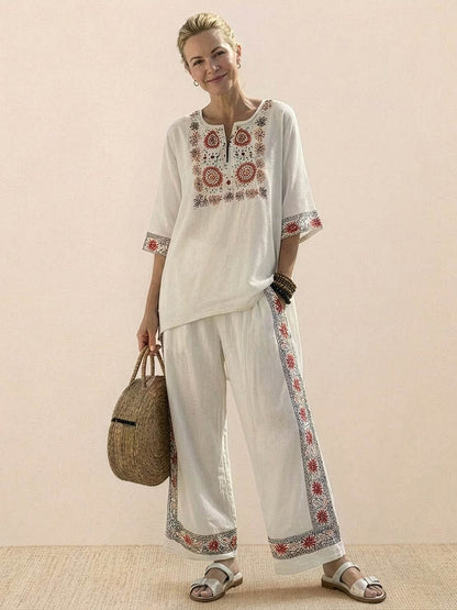 Women's Striped Wide Leg Pants Set Cotton Casual Beige