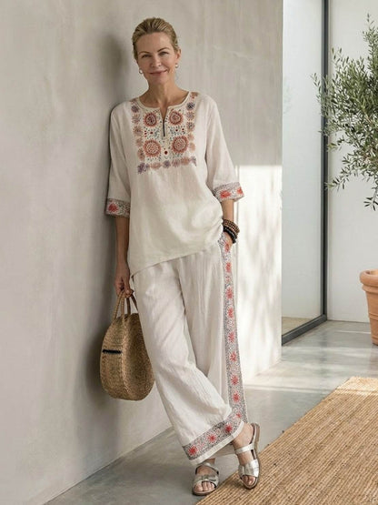 Women's Striped Wide Leg Pants Set Cotton Casual Beige