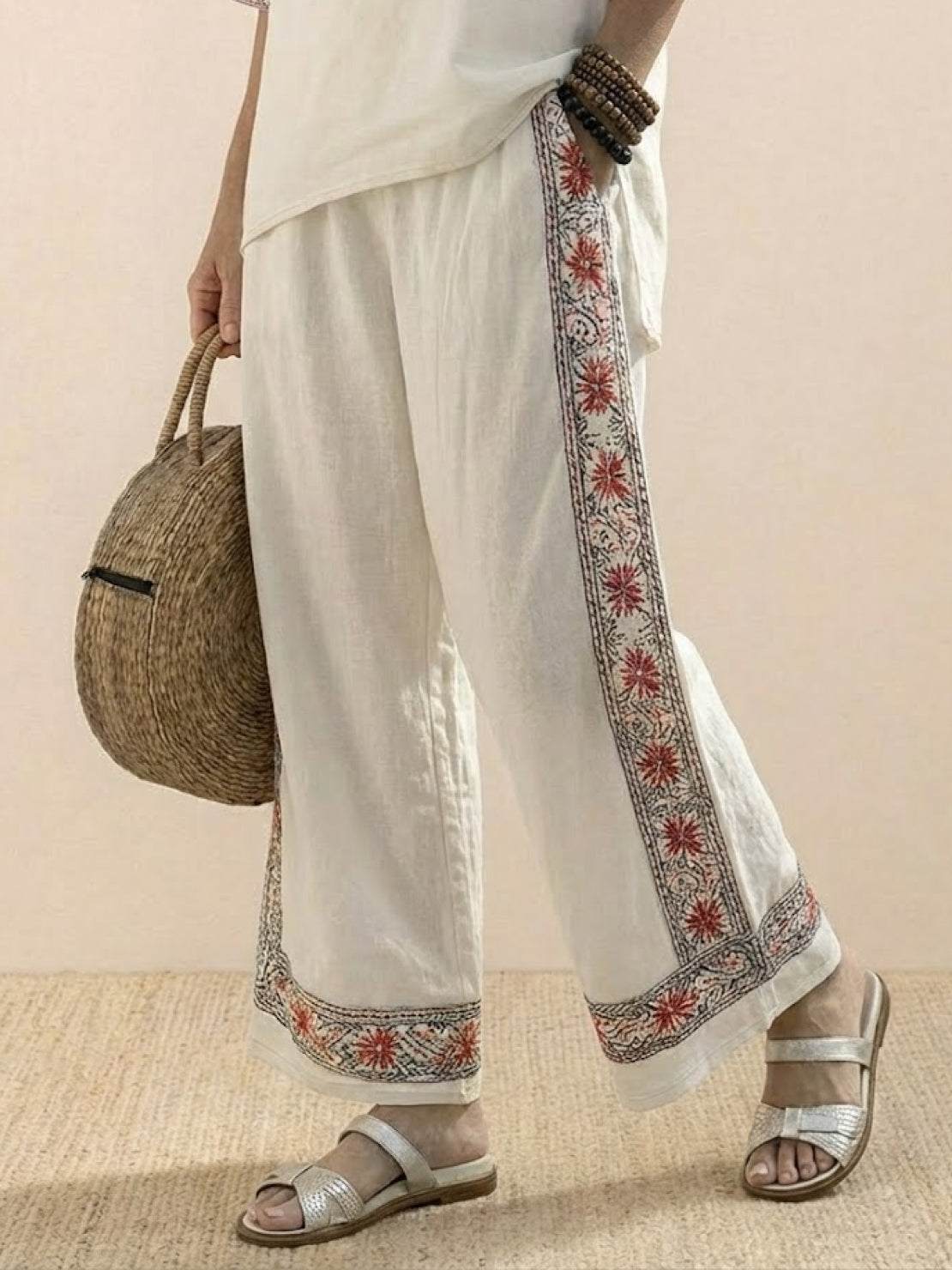 Women's Striped Wide Leg Pants Set Cotton Casual Beige