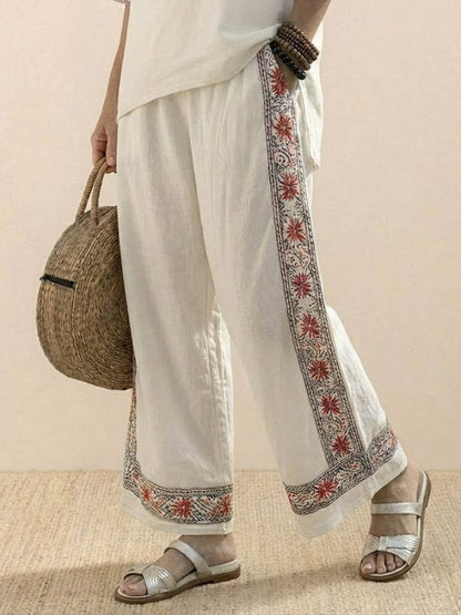 Women's Striped Wide Leg Pants Set Cotton Casual Beige