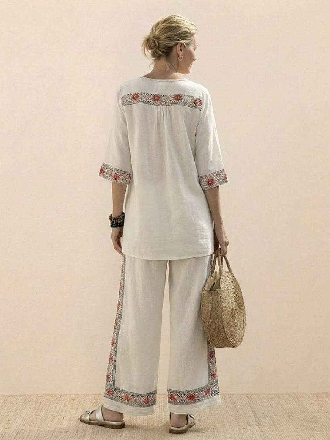 Women's Striped Wide Leg Pants Set Cotton Casual Beige