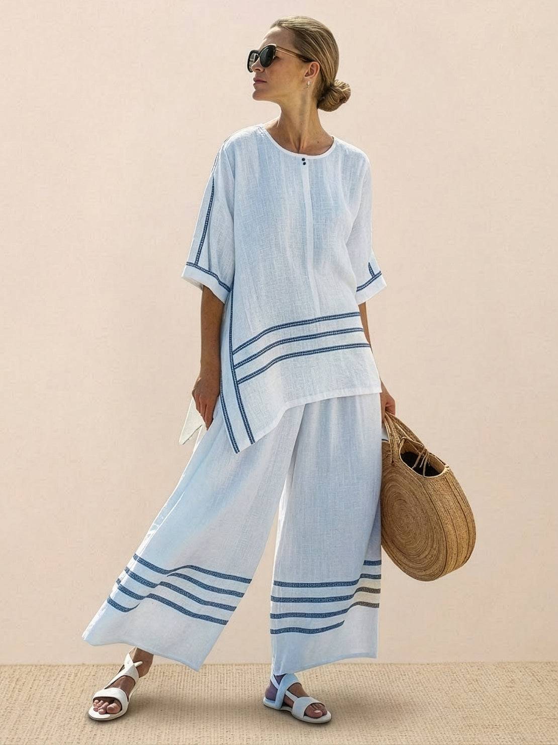 Women's Striped Wide Leg Pants Set Cotton Casual Beige