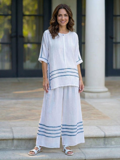 Women's Striped Wide Leg Pants Set Cotton Casual Beige