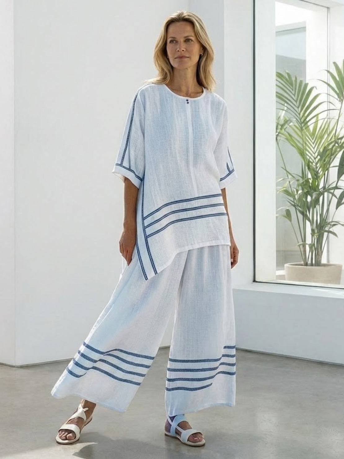 Women's Striped Wide Leg Pants Set Cotton Casual Beige