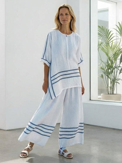 Women's Striped Wide Leg Pants Set Cotton Casual Beige
