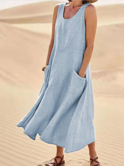 Women's Sleeveless Maxi Dress Scoop Neck With Pockets