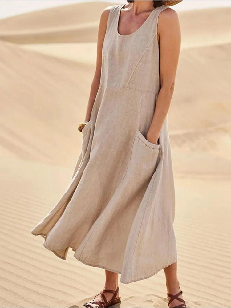 Women's Sleeveless Maxi Dress Scoop Neck With Pockets - Fashinoza