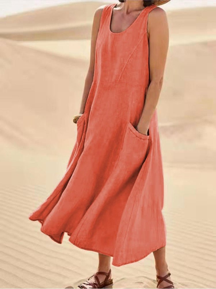 Women's Sleeveless Maxi Dress Scoop Neck With Pockets