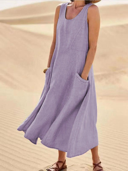 Women's Sleeveless Maxi Dress Scoop Neck With Pockets