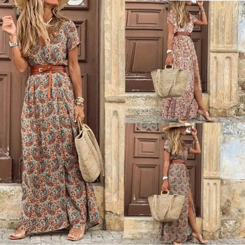 Women's V-Neck Belted Maxi Dress - 
Fashinoza