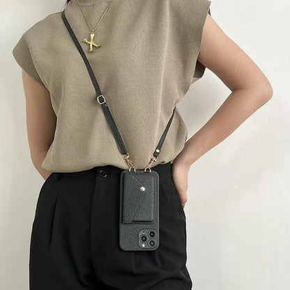 Leather Crossbody Phone Case With Lanyard Card Holder