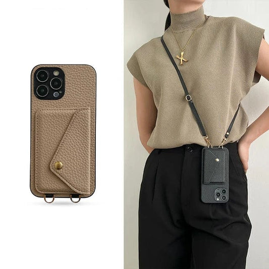 Leather Crossbody Phone Case With Lanyard Card Holder - Fashinoza