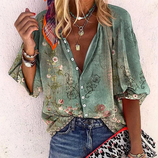 Women's Floral Print Cotton Button Down Shirt - Fashinoza