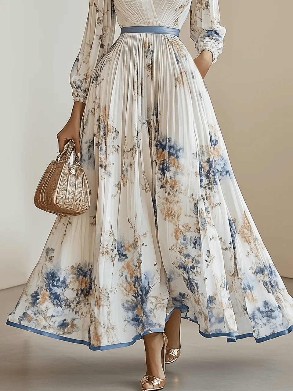 Aurelisse | Women’s Floral Pleated Maxi Dress with Long Sleeves