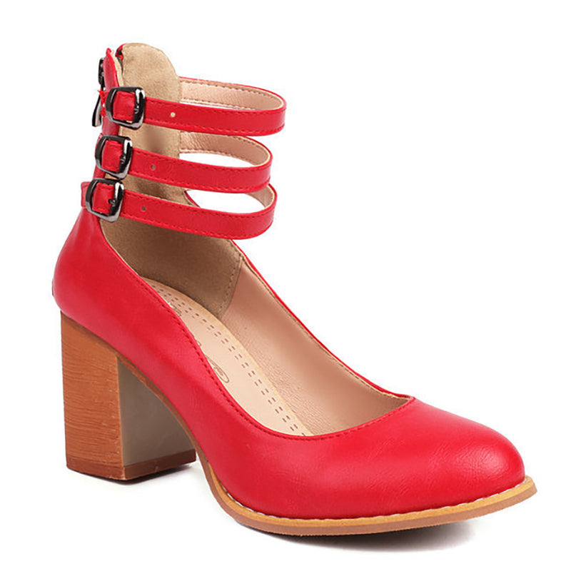 Women's Ankle Strap Sandals Smooth Leather Thick Heel