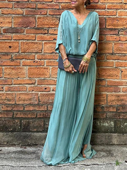 Women's V-Neck Jumpsuit Wide Leg Batwing Sleeve 2 Piece