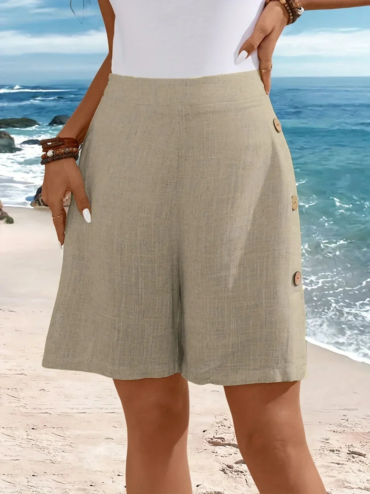Women's High Waist Button Detail Shorts