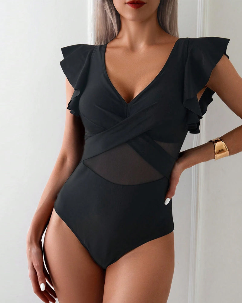 Women's One-Piece Swimsuit V-Neck Mesh Panel Ruffle Sleeves