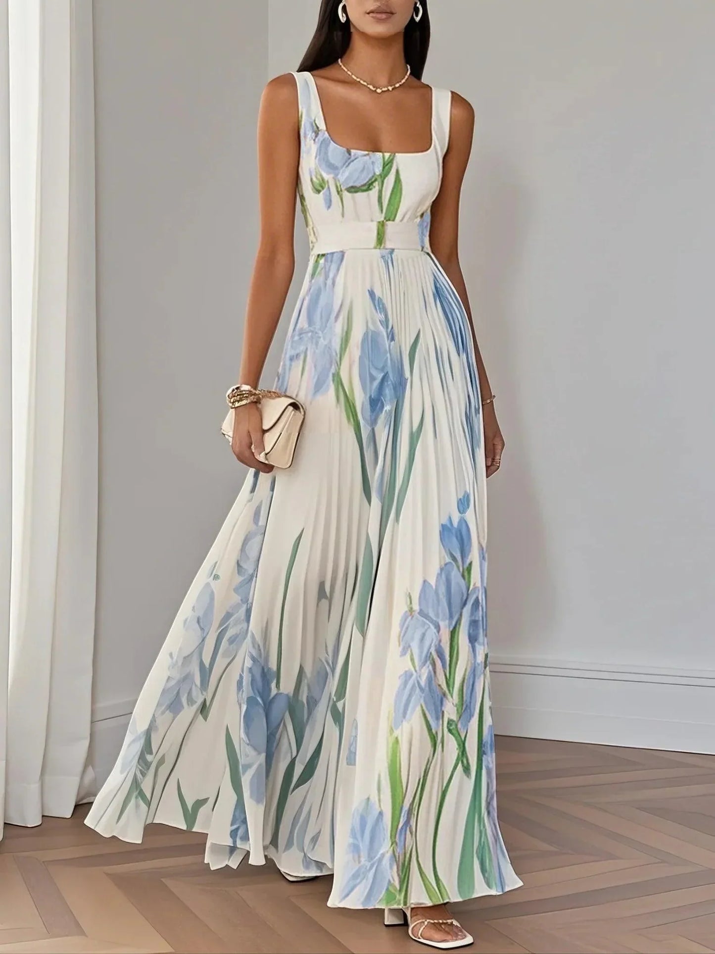 Women's Floral Maxi Dress Square Neckline Wide Straps