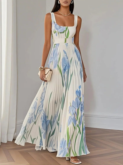 Women's Floral Maxi Dress Square Neckline Wide Straps
