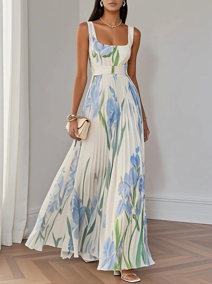 Women's White Pleated Floral Maxi Dress
