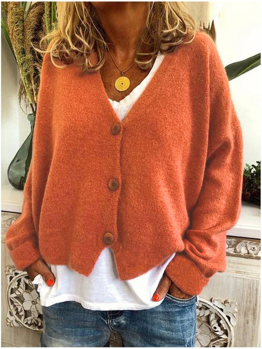 Women's V-Neck Cardigan Soft Knit Relaxed Fit Beige - Fashinoza