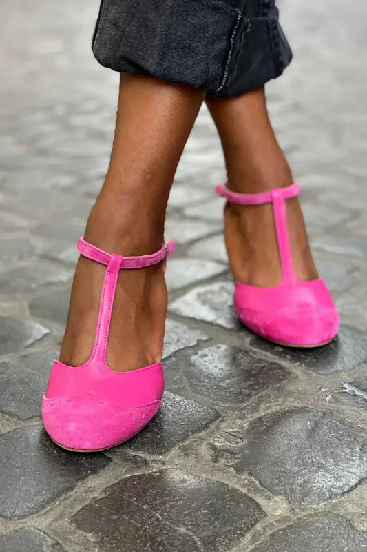 Women's Block Heel T-Strap Sandals - Fashinoza