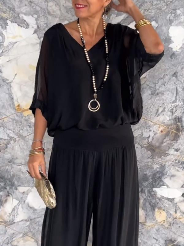 Women's V-Neck Jumpsuit Wide Leg Batwing Sleeve 2 Piece
