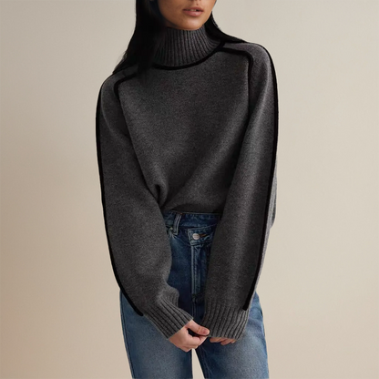 Women's Oversized Turtleneck Sweater Contrast Sleeves Acrylic