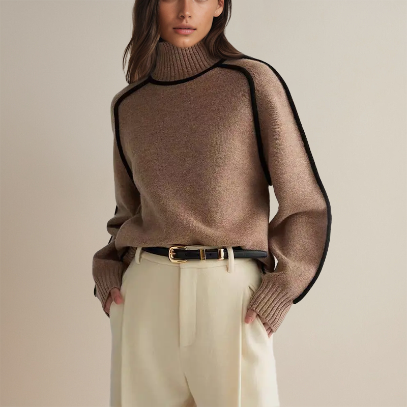 Women's Oversized Turtleneck Sweater Contrast Sleeves Acrylic