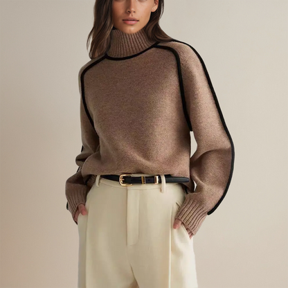 Women's Oversized Turtleneck Sweater Contrast Sleeves Acrylic