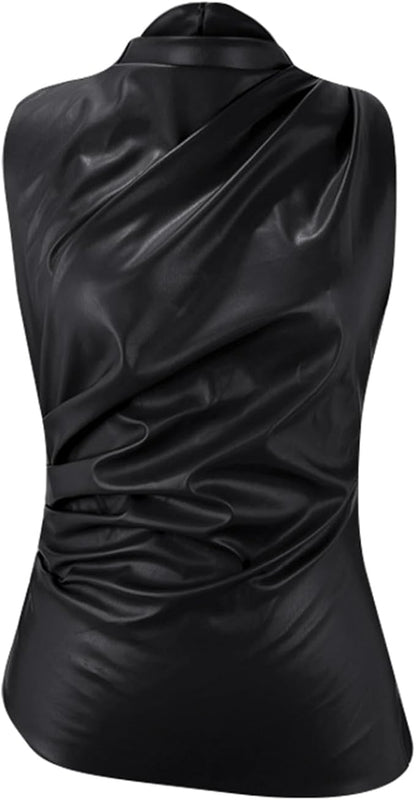 Women's Sleeveless Stand Collar Gathered Side Detail