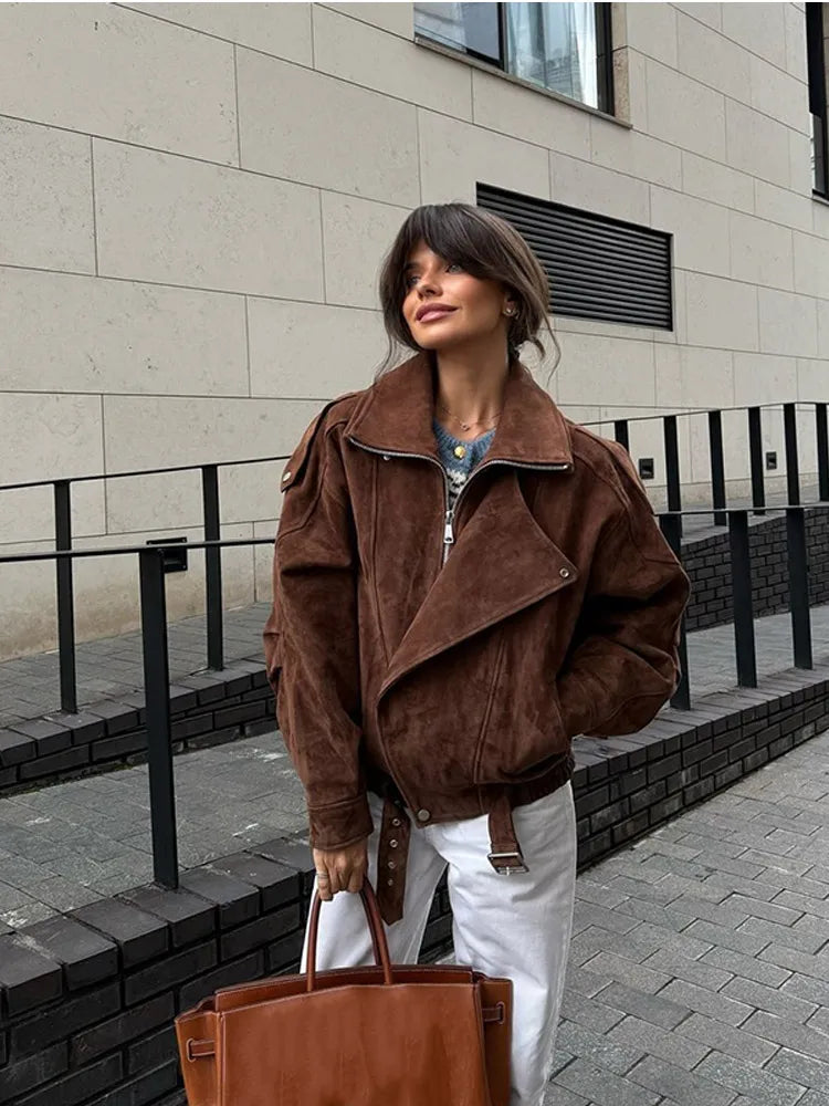 Women's Biker Leather Jacket Oversized Lapel Collar - 
Fashinoza