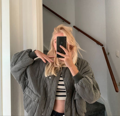 Women's Quilted Bomber Jacket Diamond Pattern Zip Front