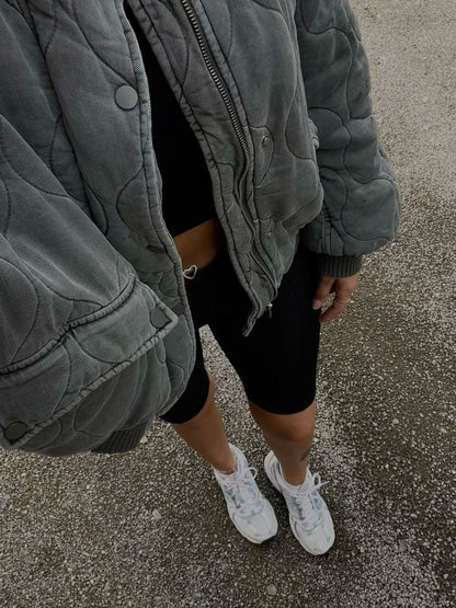 Women's Quilted Bomber Jacket Diamond Pattern Zip Front