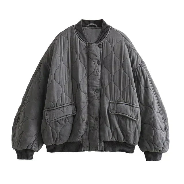 Women's Quilted Bomber Jacket Diamond Pattern Zip Front