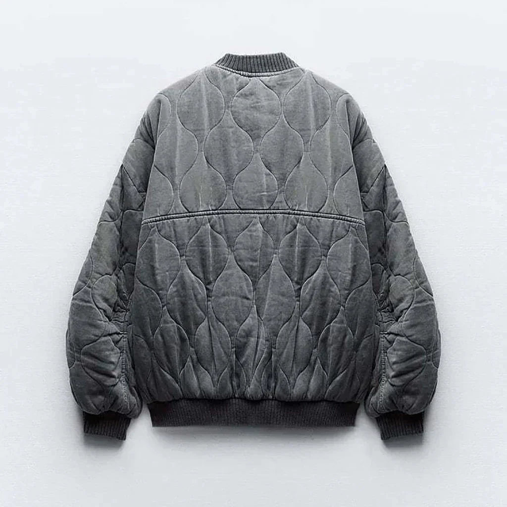 Women's Quilted Bomber Jacket Diamond Pattern Zip Front