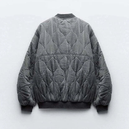 Women's Quilted Bomber Jacket Diamond Pattern Zip Front