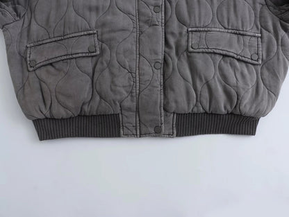 Women's Quilted Bomber Jacket Diamond Pattern Zip Front