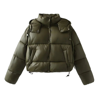 Women's Puffer Jacket Hooded Button Closure Drawstring Hem - 
Fashinoza