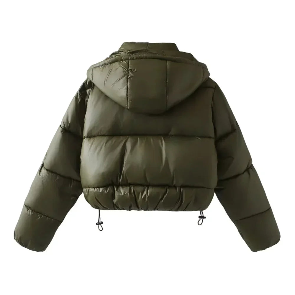 Women's Puffer Jacket Hooded Button Closure Drawstring Hem