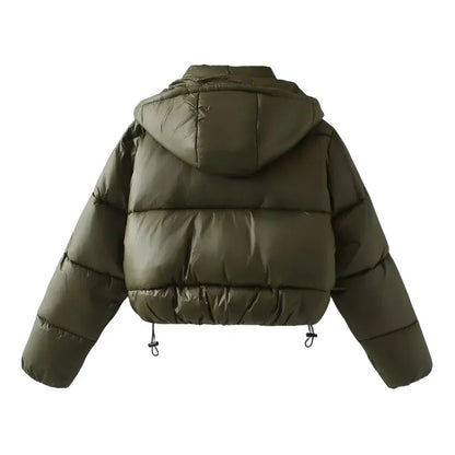 Women's Puffer Jacket Hooded Button Closure Drawstring Hem