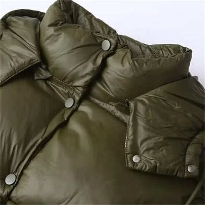 Women's Puffer Jacket Hooded Button Closure Drawstring Hem