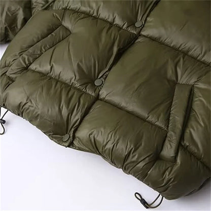 Women's Puffer Jacket Hooded Button Closure Drawstring Hem