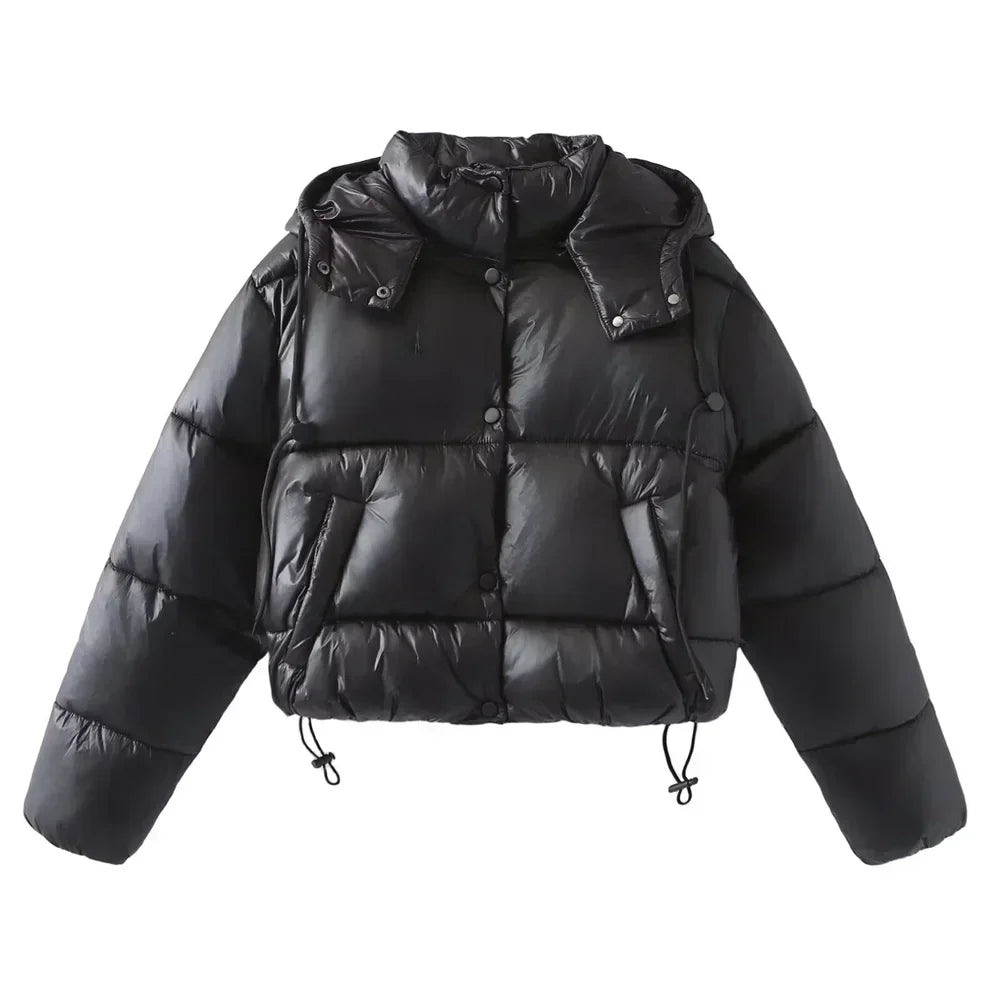Women's Puffer Jacket Hooded Button Closure Drawstring Hem