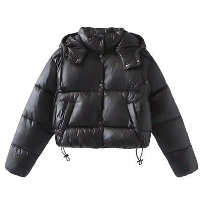 Women's Puffer Jacket Hooded Button Closure Drawstring Hem